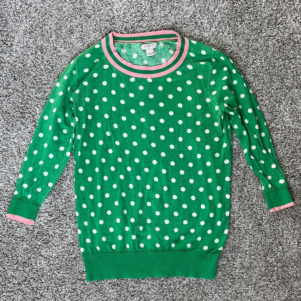 J. Crew Green and Pink Polka Dot Sweater